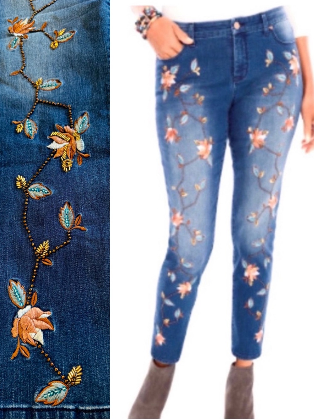 CHICO’S So Slimming Girlfriend Ankle Blue Embroidered Beaded Jeans — #119 LHP